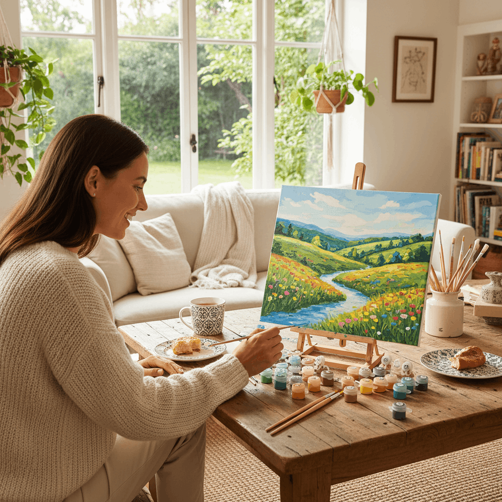 Eine Person genießt einen entspannten Nachmittag und kreiert an einem sonnendurchfluteten Tisch wunderschöne DIY-Wandkunst auf einer nummerierten Leinwand.