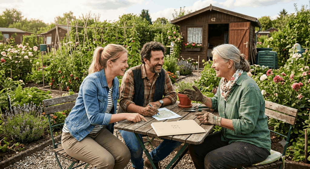Gärtner sitzen am Tisch und reden Kleingarten übernehmen und modernisieren