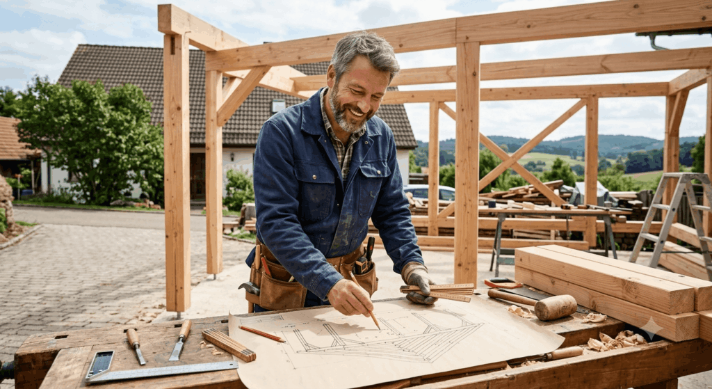 Glücklicher Handwerker plant Carport aus Holz Holz Carport Planung Material, Schutz des Holzes & Haltbarkeit 2026