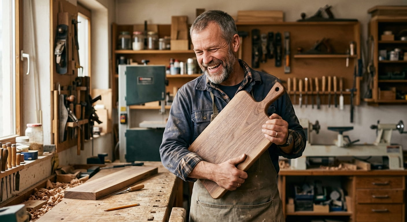 glücklicher Handwerker neues Schneidebrett