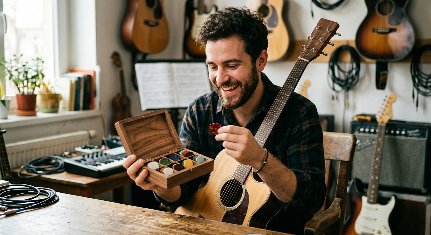 glücklicher Musiker neues Zubehör